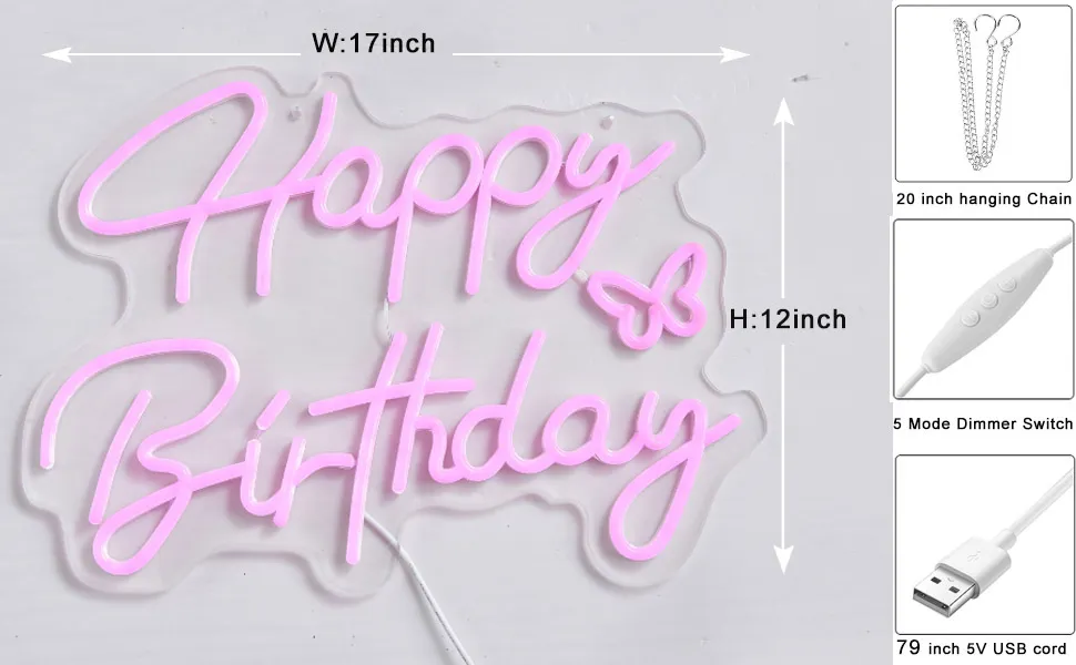 Pink happy Birthday neon sign, 