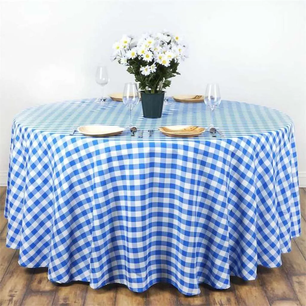 Polyester Buffalo plaid 108"round tablecloth- Light Blue