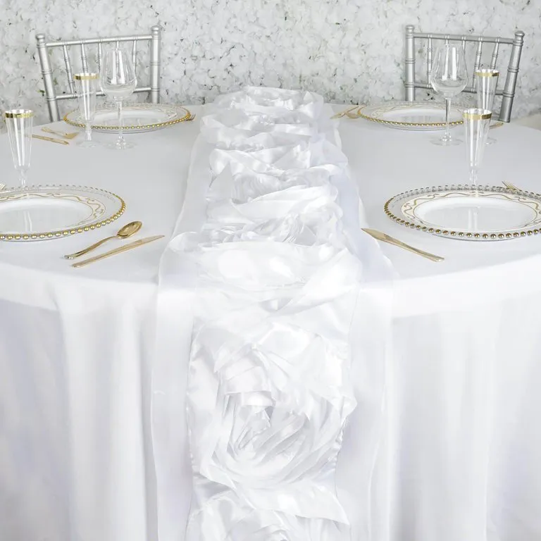 	 13"x104"  White large Rosette Flower Satin Table Runner
