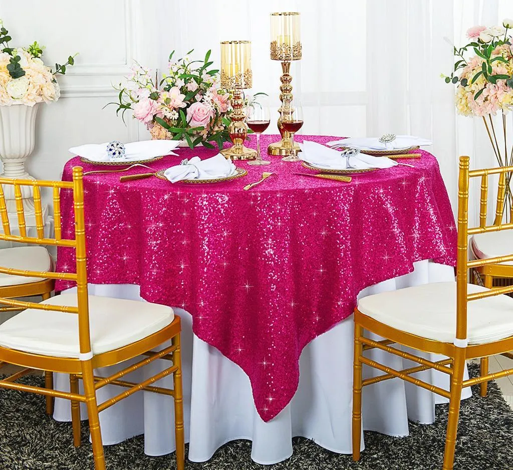 60 x 60 Fuchsia Square Sequin Table Overlay