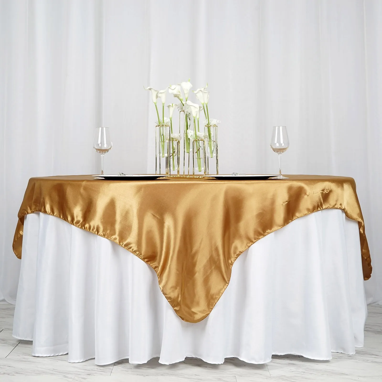 	 72" x 72" Gold Seamless Satin Square Tablecloth Overlay