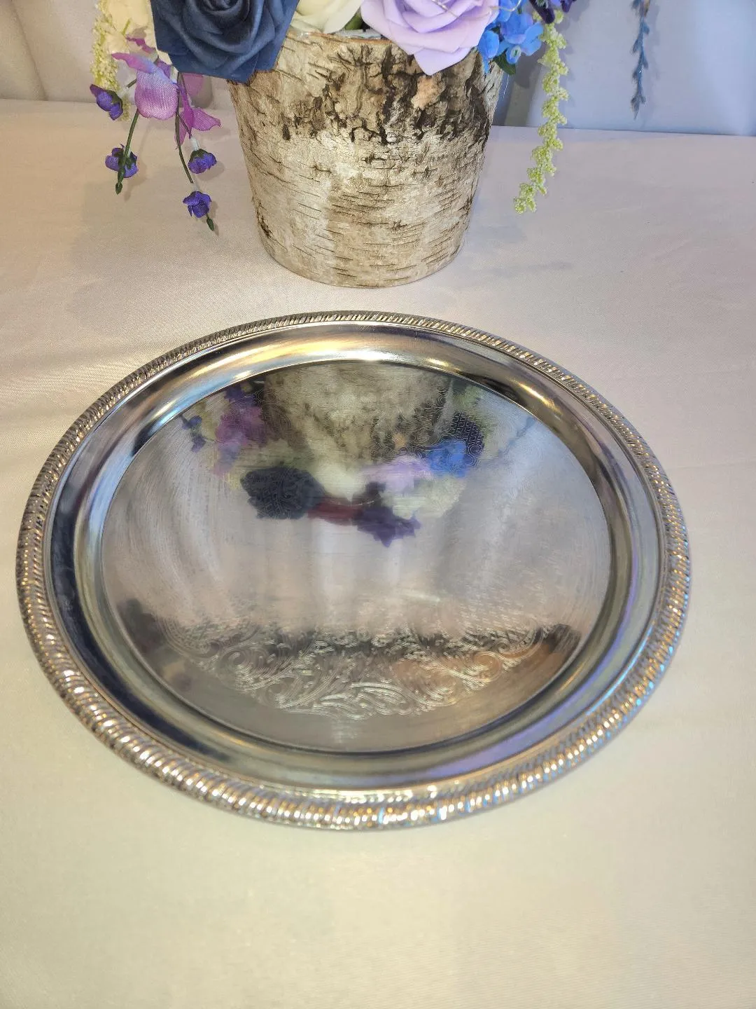 Silver Colored Metal Patterned Serving Tray 12 in Diameter
