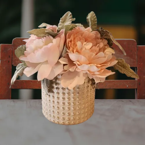 Pink Floral Centerpiece Roses & Peonies in a Silvery Bubble Ceramic Pot 
