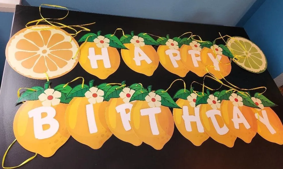 Happy Birthday Lemon Banner Yellow Ribbon 2 Pieces Cardstock 