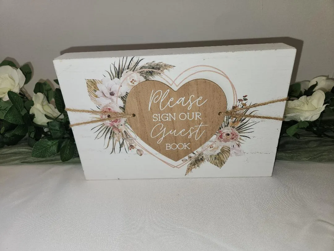 Please Sign Our Guest Book Wooden White Floral Sign Heart Twine