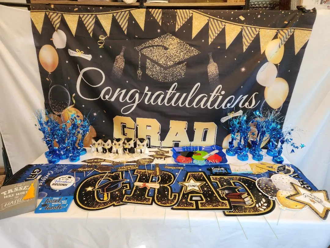 Graduation Decorations Blue Black & Gold Package #1