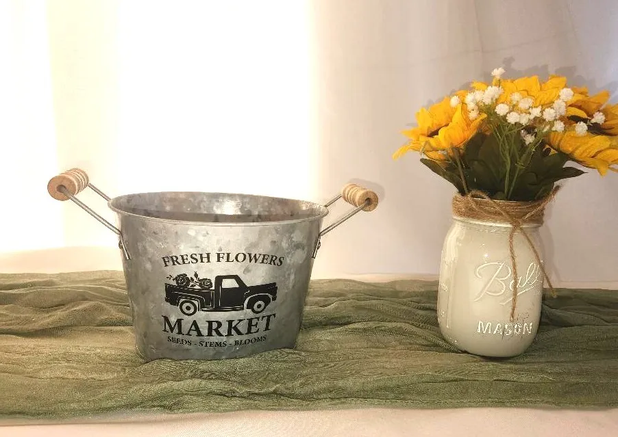 Galvanized Pail with Fresh Flowers Market & Truck Wooden Handles  (QTY 3)