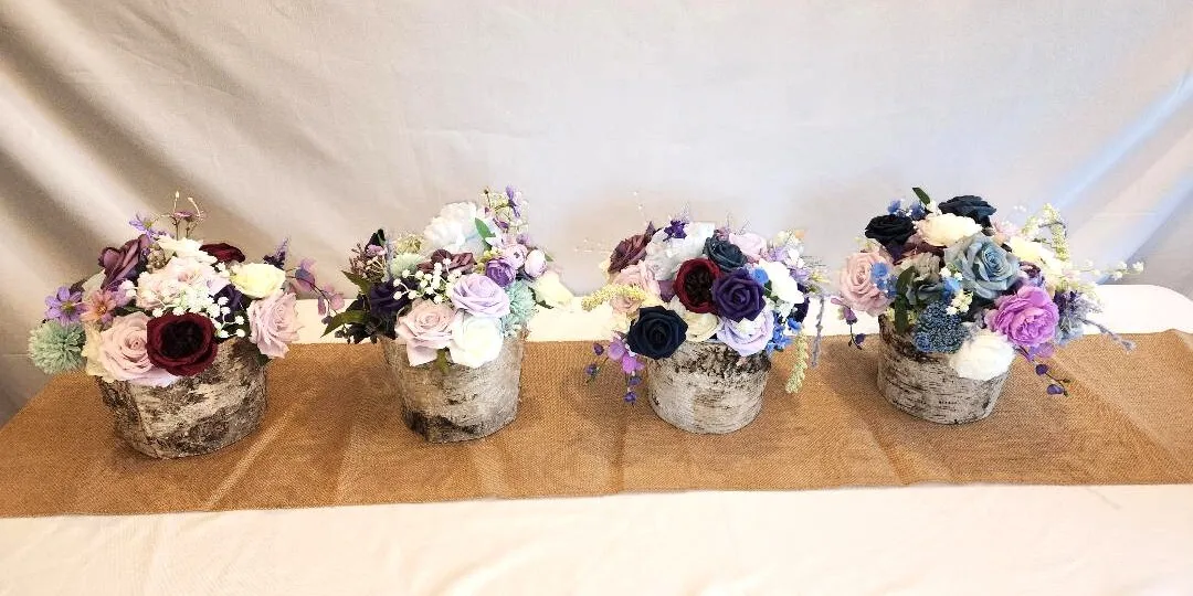 Purple Pink Blue White Floral Centerpieces with Fairy Lights in a Bark Wrapped Base  (QTY 4)