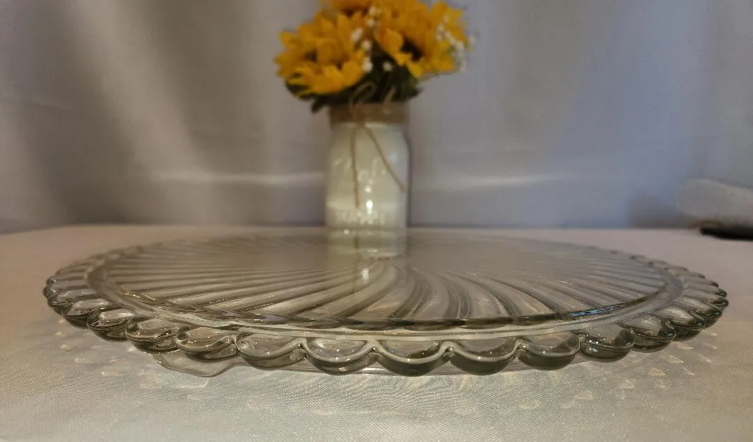 Glass Swirl Cake Plate Footed 12.25 in Diameter