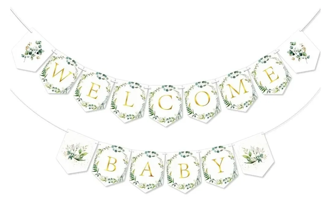 Welcome Baby Greenery Banner on Ribbon