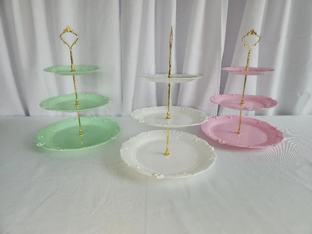 3 Tiered Dessert Serving Trays Set of 3 Green Pink White Plastic   (1 SET of 3)