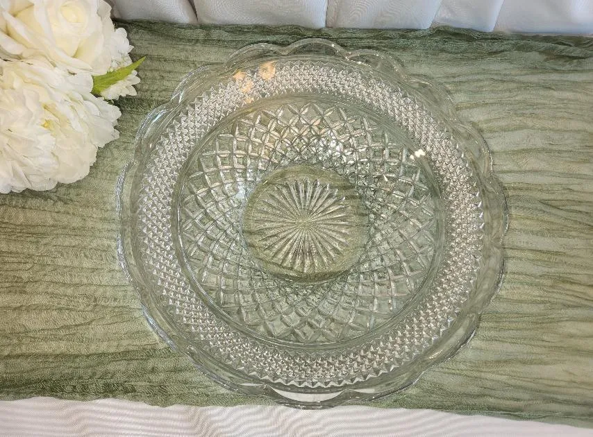 Glass Bowl 13.5 in Diameter Flowers and Diamonds Pattern 