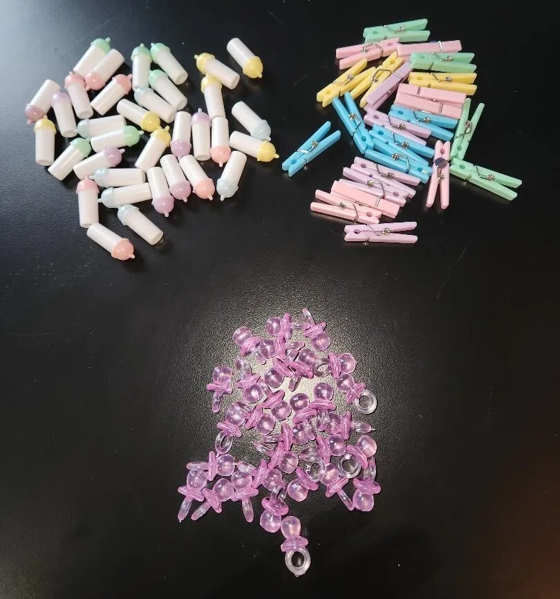 Baby Shower Misc Table Decorations Plastic Bottles, Pacifiers, Clothes Pins etc.