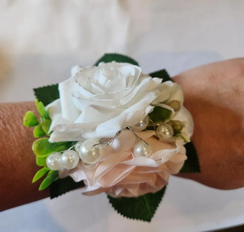 Pink and White Roses Floral Wrist Corsages Bracelet Style (QTY 12)