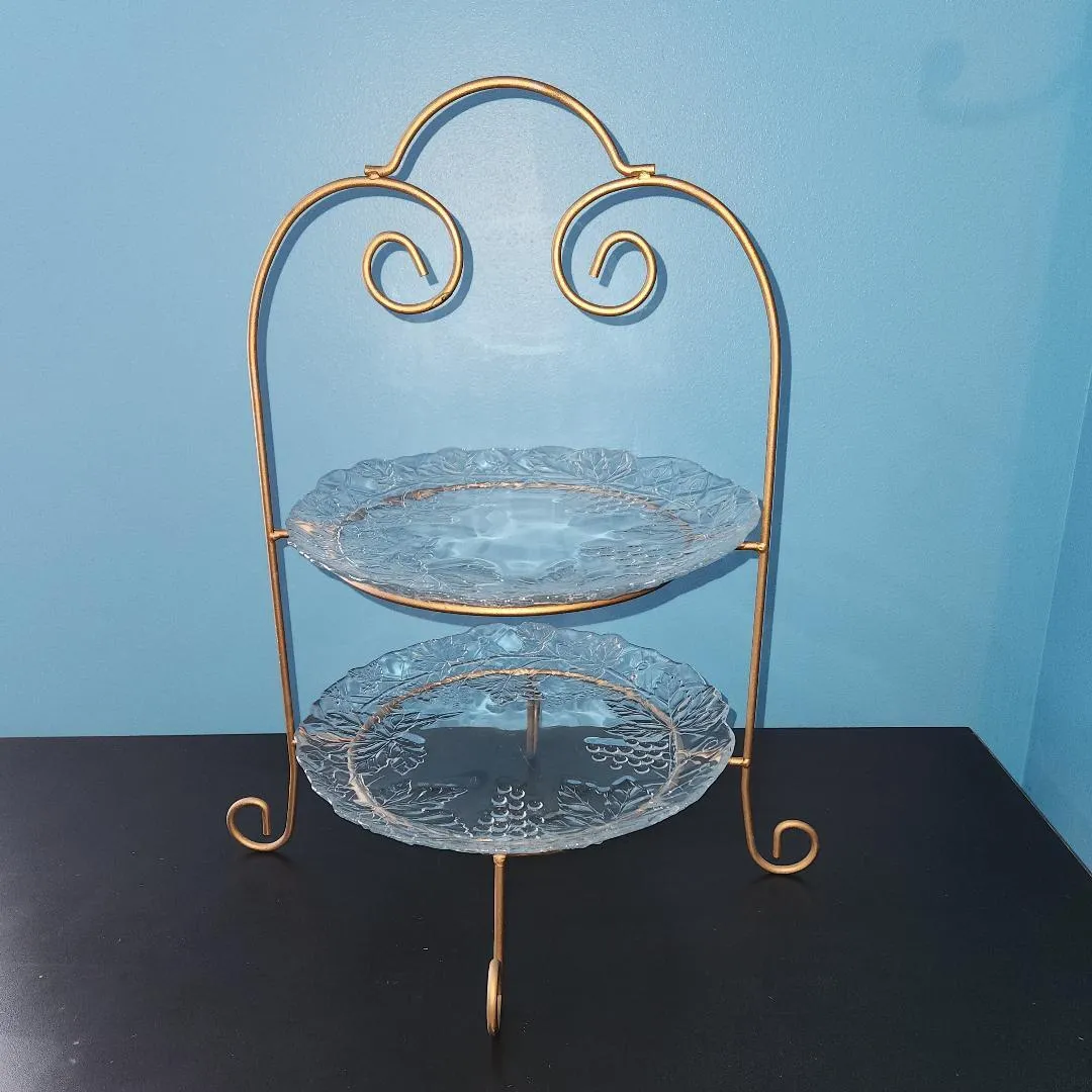 2 Tier Gold Metal Frame Serving Glass Trays Plates