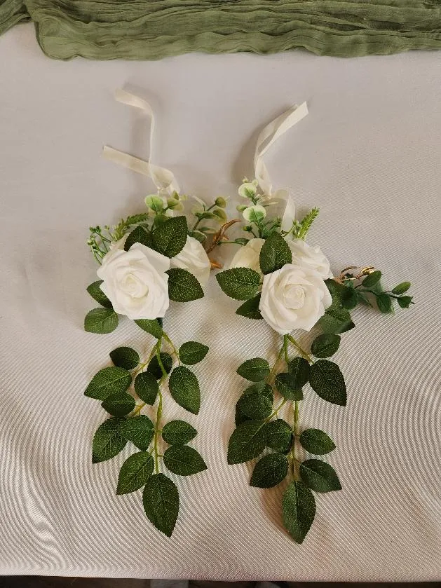 White Rose and Greenery Chair Pew or Sign Tie On Decorations (QTY 18)
