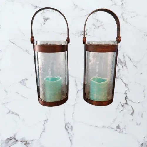 Brown Metal & Glass Tall Rustic Candle Holders Lanterns Set of 2