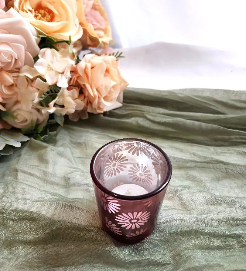 Pink Daisy Glass Votive Holders Silver Inside   (QTY 12)