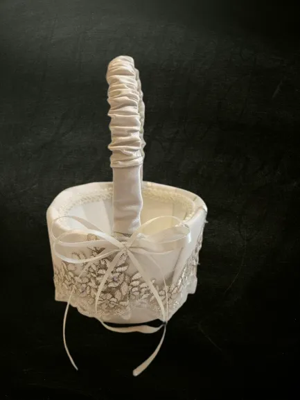 Ivory Flower Girl Basket Lace Beads & Bow