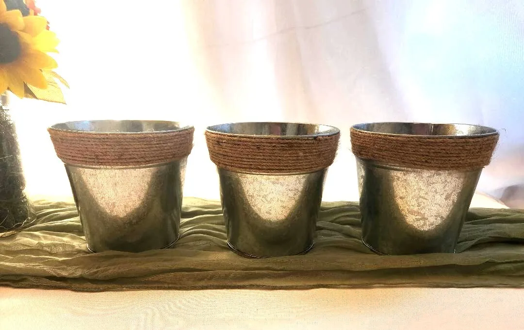 Galvanized Metal Pails with Twine Top Wrap 5.50 in Tall   (QTY 3)    G10