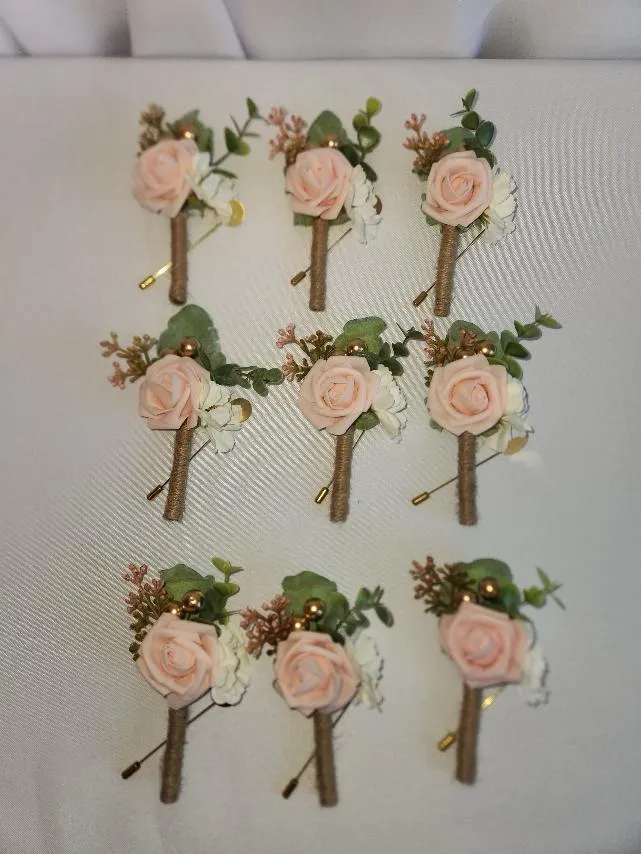 Pink Boutonniere with Twine Wrapped Stems  Pinback   (QTY 19)