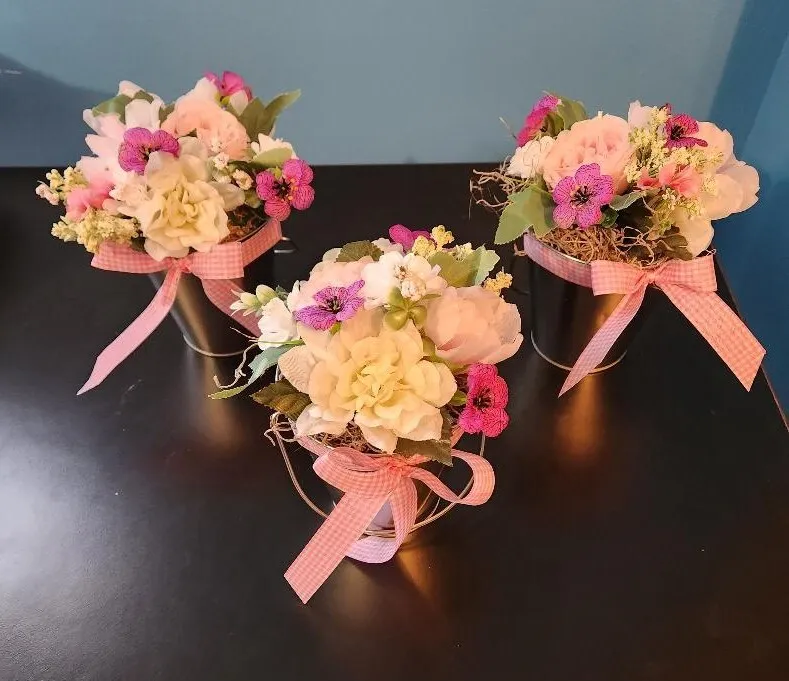 Pink, Purple, White Flowers with Greenery Floral Centerpieces In A Metal Pail  (QTY 8)