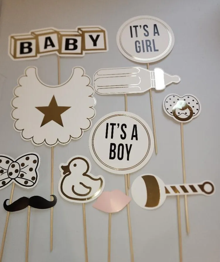 Baby Shower Gender Reveal Photo Props White and Gold