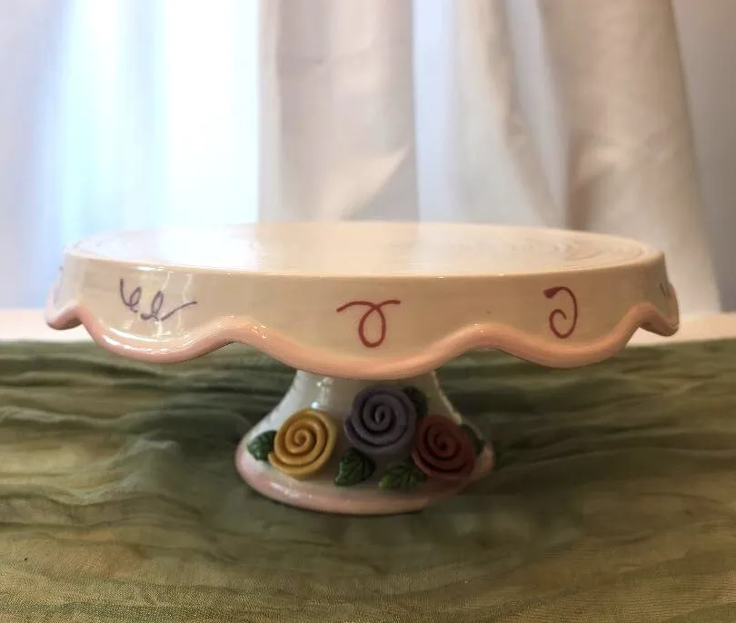 Ceramic Cake Plate Stand 10 in Cake White with Floral Base