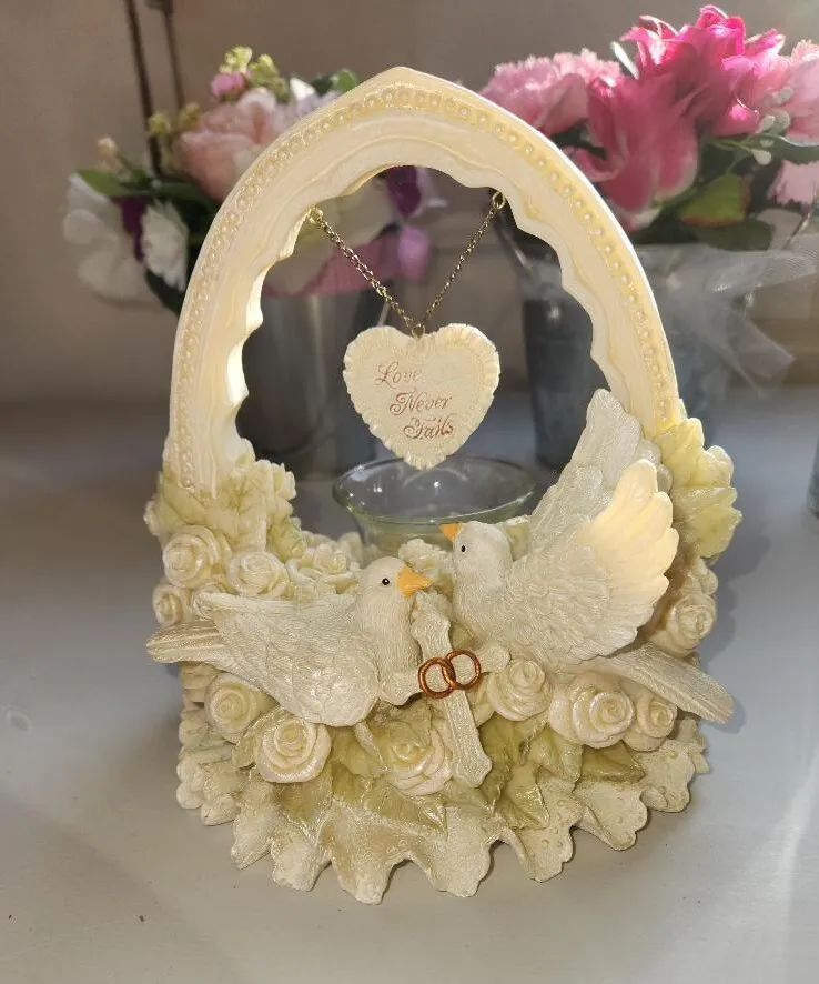 Love Never Fails Votive Holder Resin Hearts and Doves