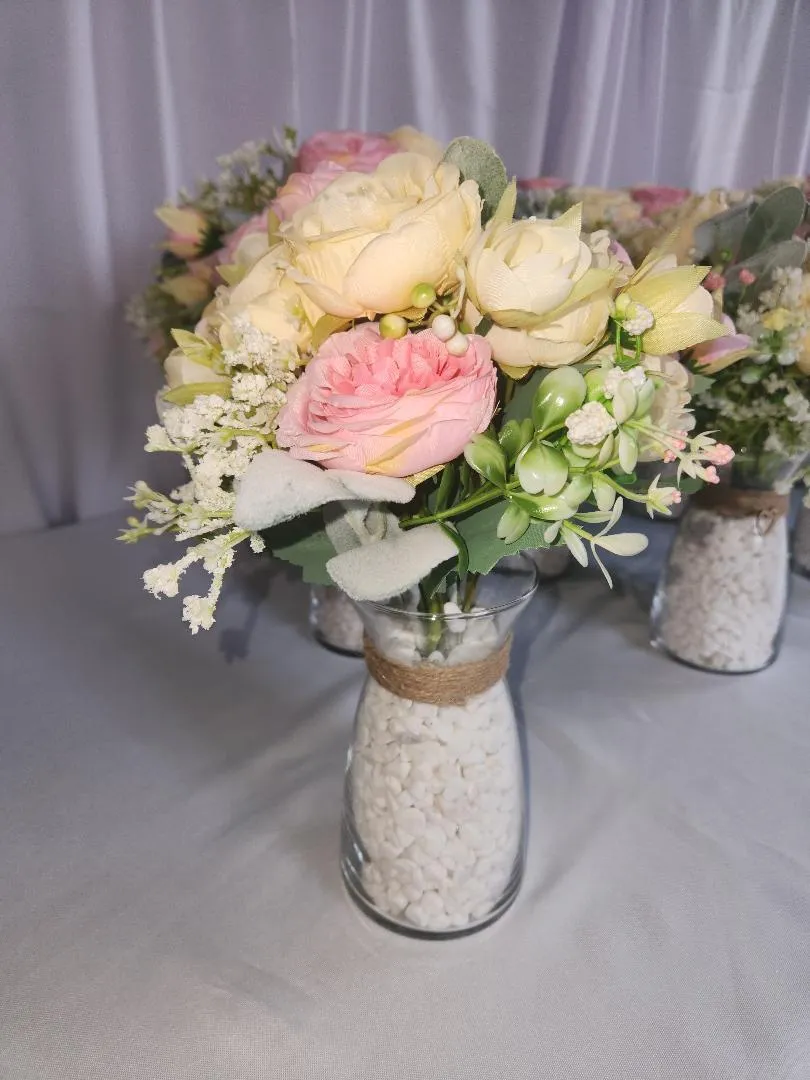 Pink White Floral Centerpieces in Glass Vase White Rocks  (QTY 21)