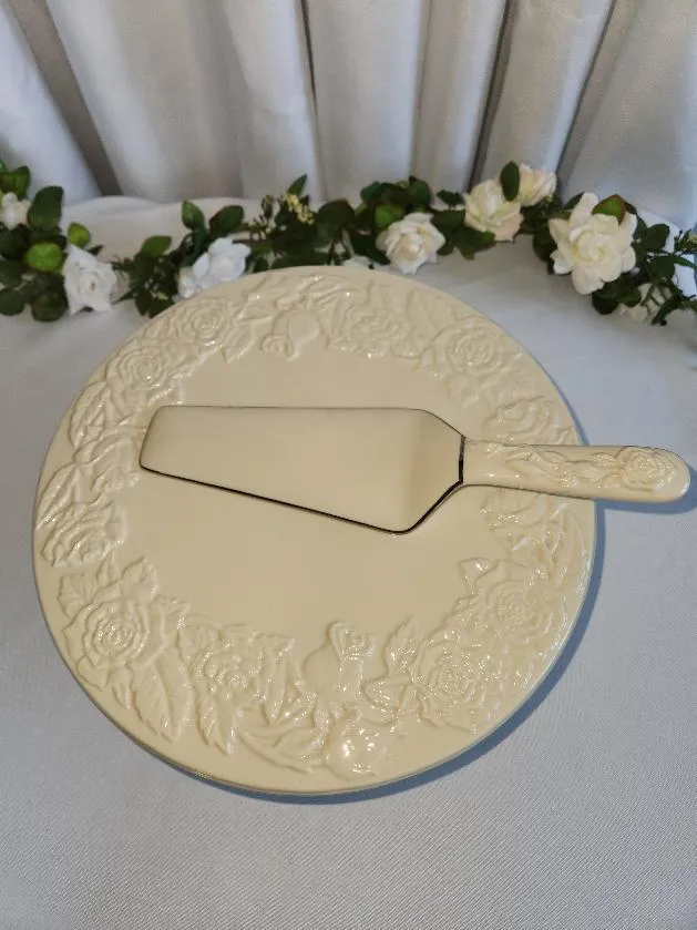 Cake Stand and Server SET Ivory with Roses and Silver Metal Trim Ceramic
