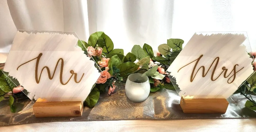 Mr & Mrs  Reception Signage White Acrylic on Wood Base Table Decoration