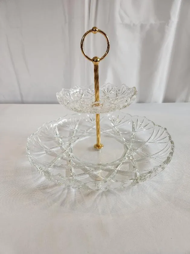 Crystal Glass 2 Tier Serving Tray Gold Handle