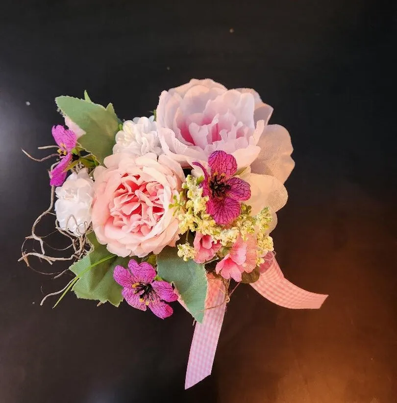 Pink, Purple, White with Greenery Floral Centerpieces In A Metal Pail  (QTY 3)