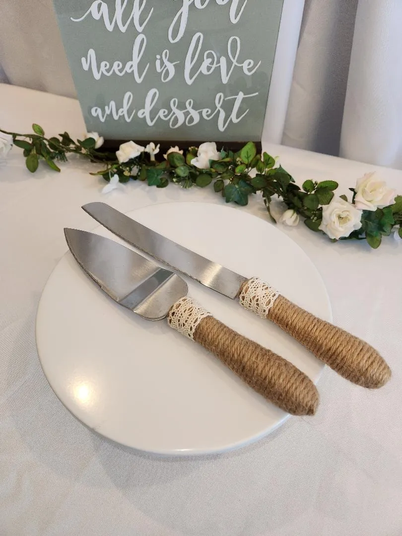 Burlap and Lace Cake Serving Set Knife and Server