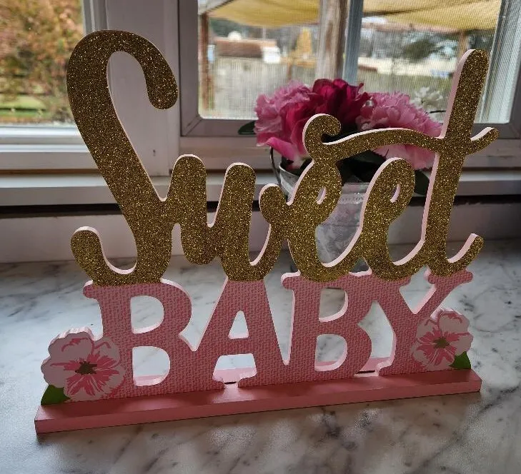 Sweet Baby Girl Wooden Sign Gold Glitter and Pink