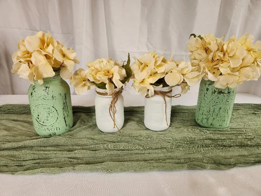 Green and White Mason Jars Floral Centerpieces     (QTY 7 green & 8 white)