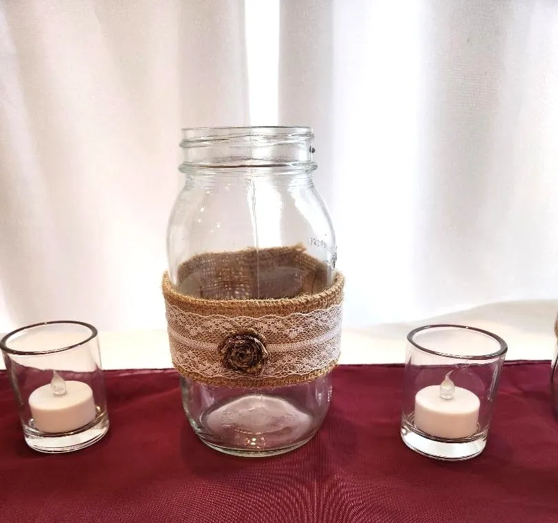 Glass Mason Jars Quart with Burlap Lace and Bow Centerpieces Vases     (QTY 20)