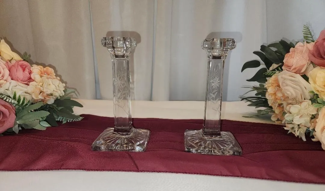 Glass Taper Candle Holders Clear with Etched Flowers  (SET OF 2)