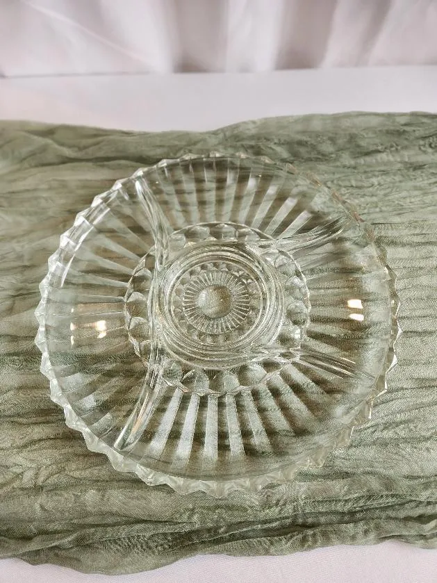  Glass 4 Segmented Divided Platter with Center Dip Holder 12 in Triangle Edges Center Circle Flower