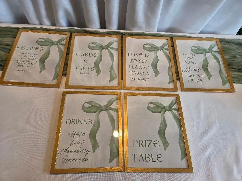 Bridal Shower Signs Green Bow Gold Frames Cards & Gifts, Love is Sweet Take A Treat, etc.  SET