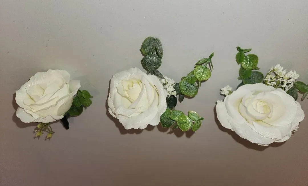 White Rose Boutonnieres SET F Groom Groomsmen (QTY 3)
