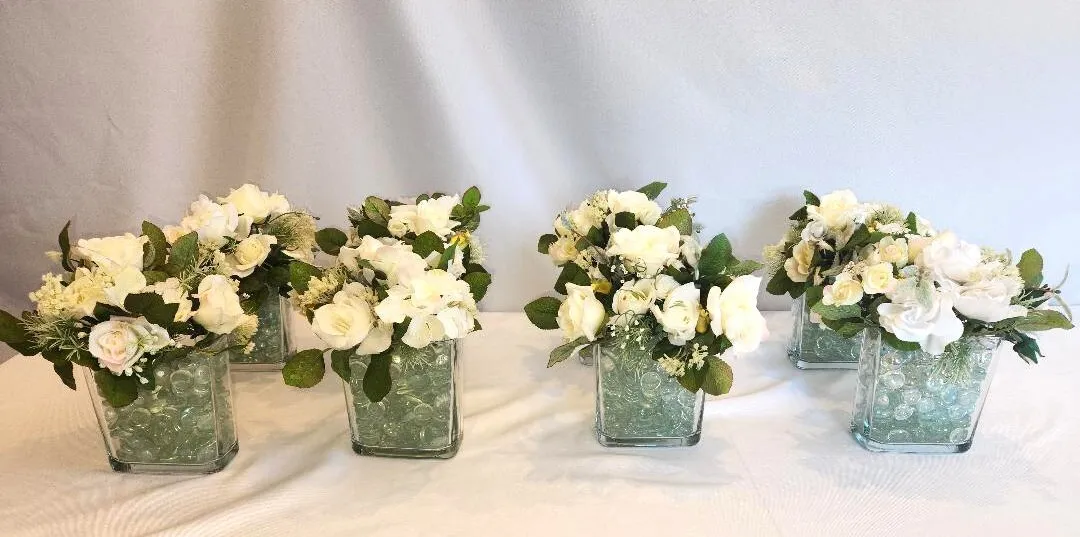 White Floral Modern Centerpieces in Glass Rectangular Vases (QTY 12)