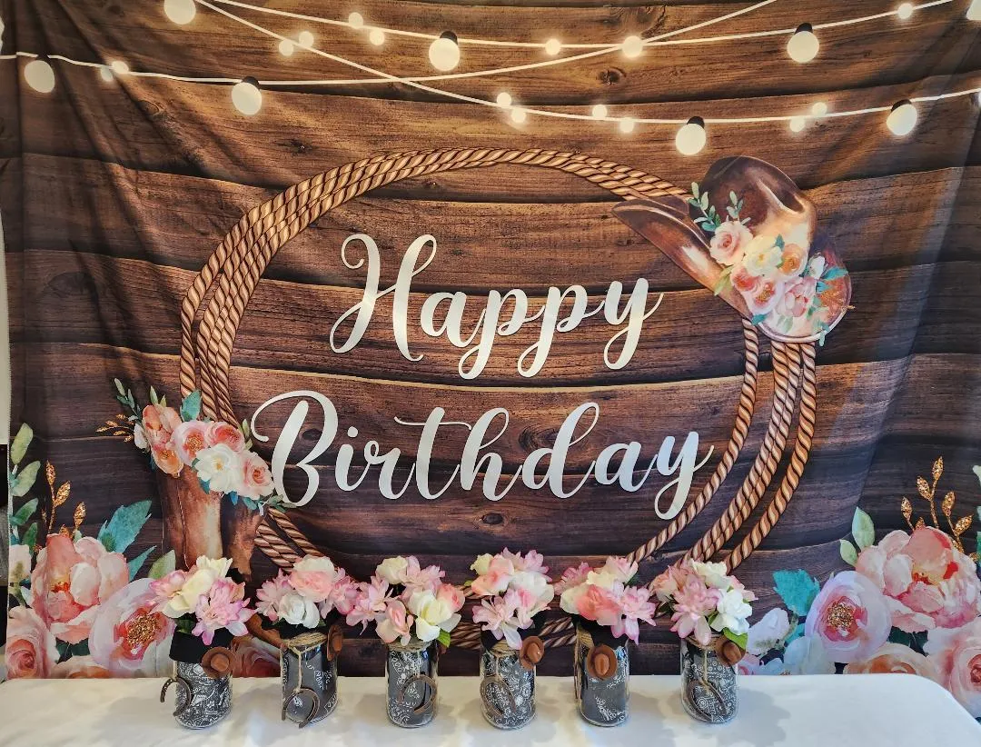 Happy Birthday Wooden Western Themed Decorations  & Floral Centerpieces Package