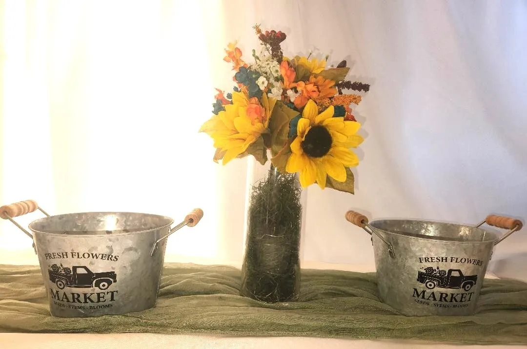 Galvanized Pail with Fresh Flowers Market & Truck Wooden Handles  (QTY 3)