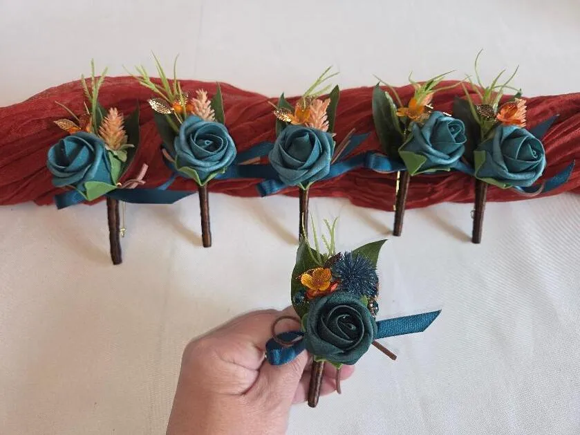 Lings Dark Blue Teal and Burnt Orange Accent Groom and Groomsmen Boutonnieres   (QTY 6)