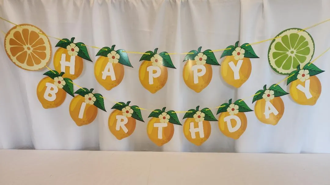 Happy Birthday Lemon Banner Yellow Ribbon 2 Pieces Cardstock 