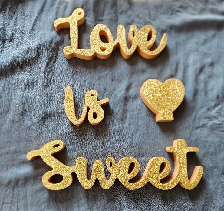 Love Is Sweet (Heart) Gold Wooden Sparkly Dessert Table Sign  4 Piece Set