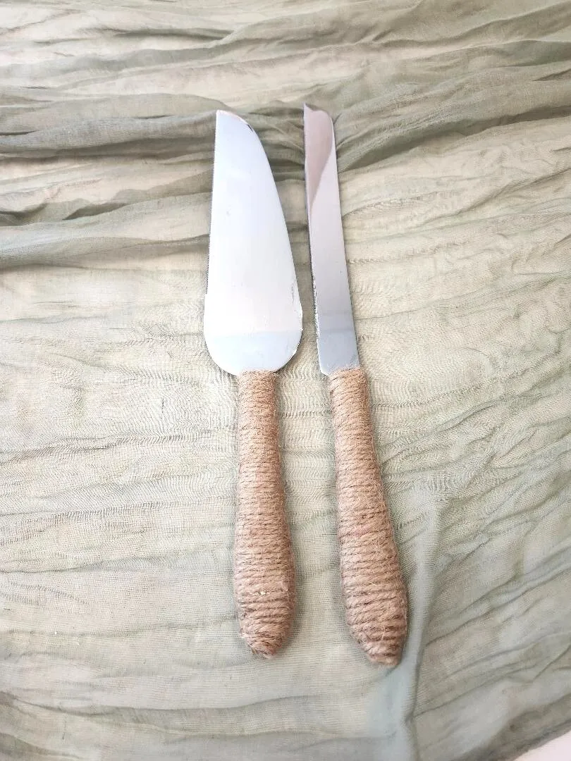 Cake Serving Set Sterling Silver and Burlap Handles 