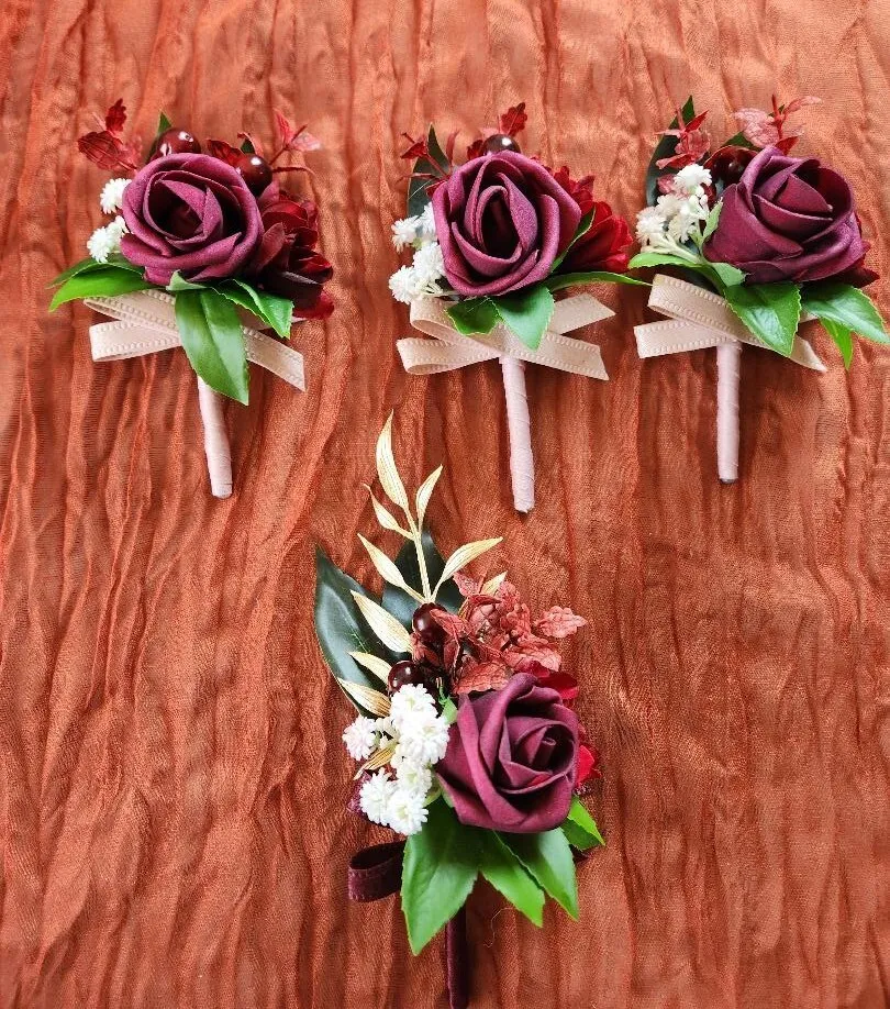 Groom(s)  &  Groomsmen Boutonnieres Burgundy Blue Green  (QTY 4)